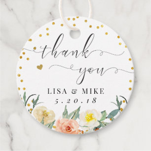 Étiquettes Cadeau Points d'or floral Merci Mariage rond