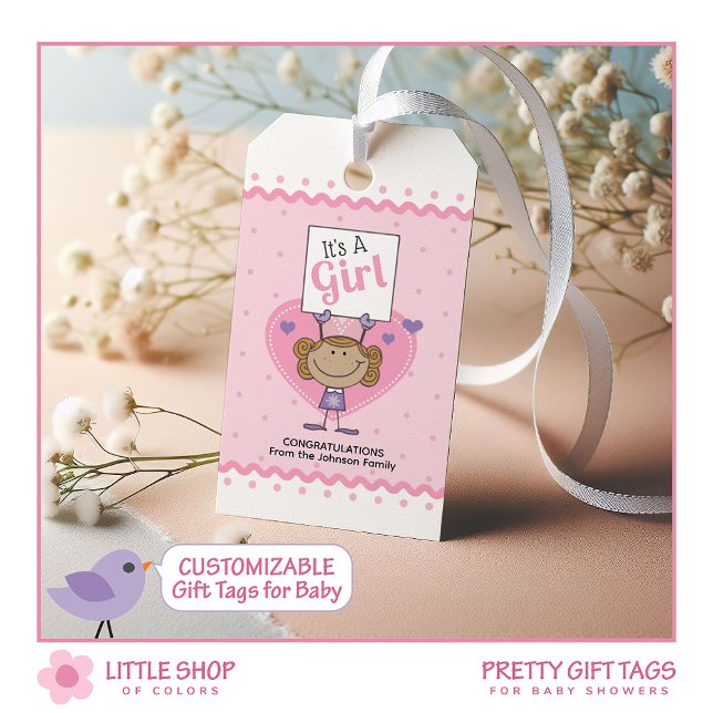 Étiquettes-cadeau Pois Rose C'est une fille Baby Shower Personnalisé (Créateur téléchargé)