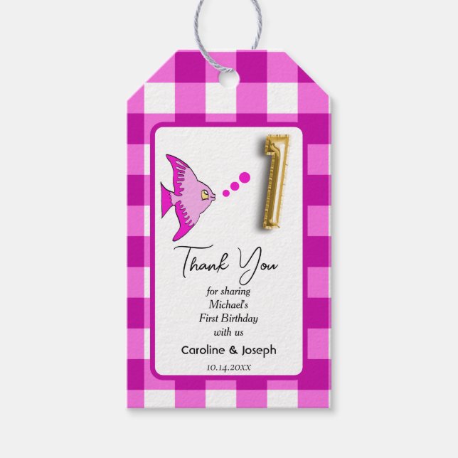 Étiquettes-cadeau Poisson Tropical, En vichy rose Merci (Devant)