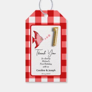 Étiquettes-cadeau Poisson tropical, En vichy rouge Merci anniversair