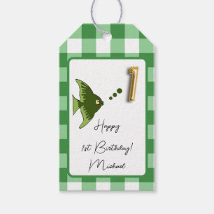 Étiquettes-cadeau Poisson Tropical, Gingham Vert Joyeux 1er Annivers