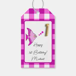 Étiquettes-cadeau Poisson Tropical, Vichy Rose Joyeux 1er Anniversai