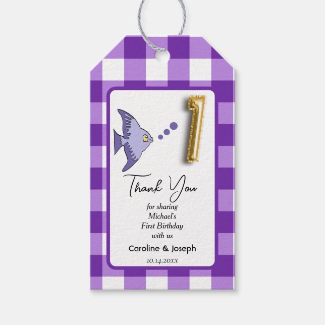 Étiquettes-cadeau Poisson Tropical, Violet En vichy Anniversaire Mer (Devant)