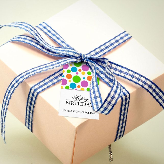 Étiquettes-cadeau Polkadot coloré Joyeux anniversaire (Créateur téléchargé)