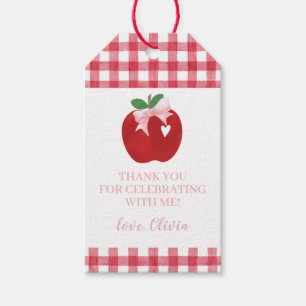 Étiquettes-cadeau Pomme anniversaire rose noeud et carreaux