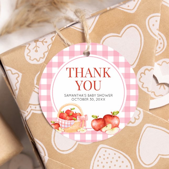 Étiquettes Cadeau Pomme de notre Baby shower oculaire ronde (The Apple of Our Eye Gingham Baby Shower Round Favor Tags)