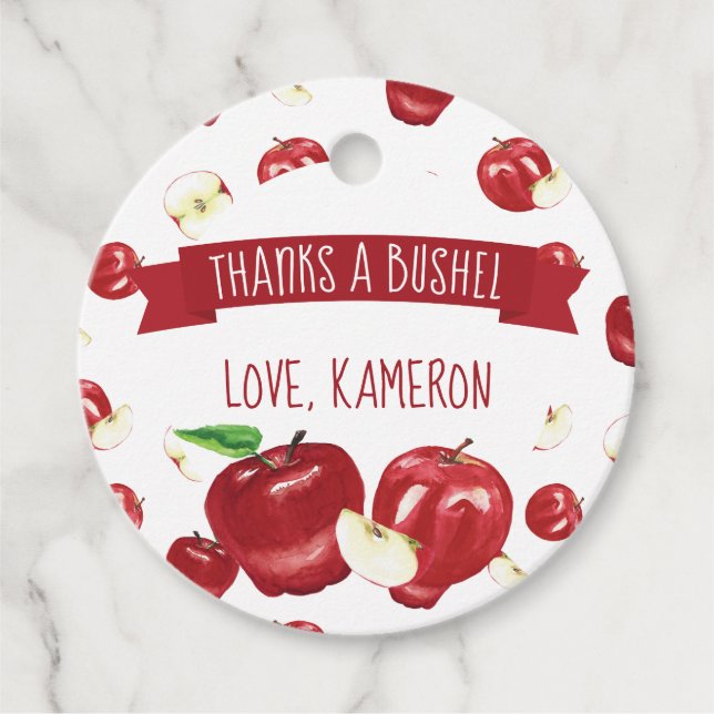 Étiquettes Cadeau Pomme de notre oeil, Merci de fête d'anniversaire (Devant)
