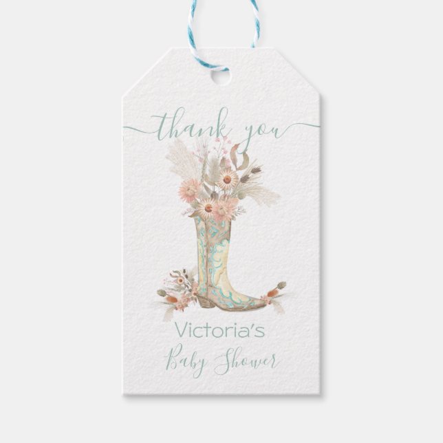 Étiquettes-cadeau Pompes Florales Western Cowgirl Douche (Devant)