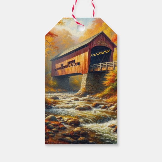 Étiquettes-cadeau pont couvert d'automne classique (Devant)