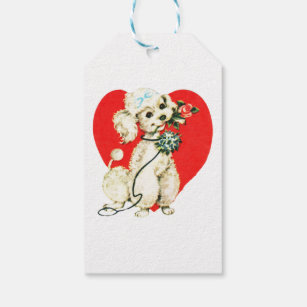 Étiquettes-cadeau Poodle Chien Holding Fleurs Coeur Valentine Amour