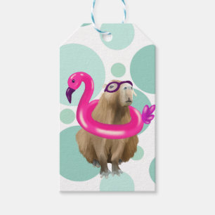 Étiquettes-cadeau Pool Party Cute Capybara Avec Flotte Flamant rose 