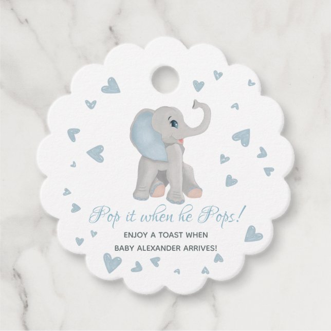 Étiquettes Cadeau Pop It When He Pops Blue Grey Elephant Baby shower (Devant)