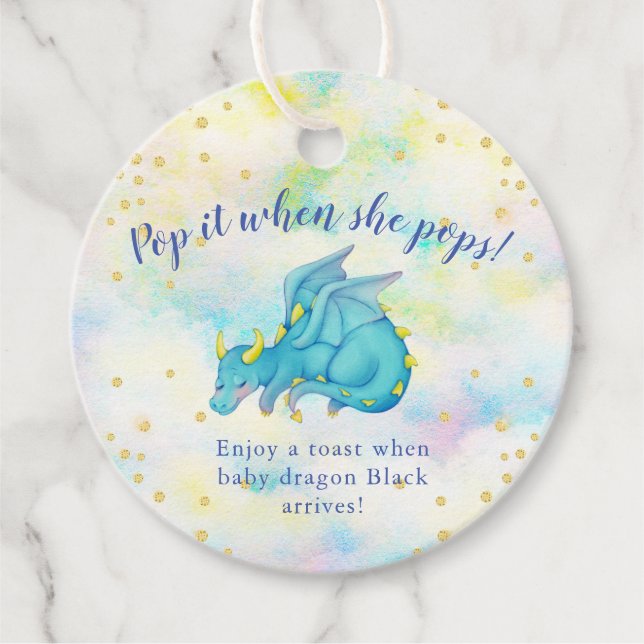 Étiquettes Cadeau Pop It When She Pops Blue Dragon Baby shower (Devant)