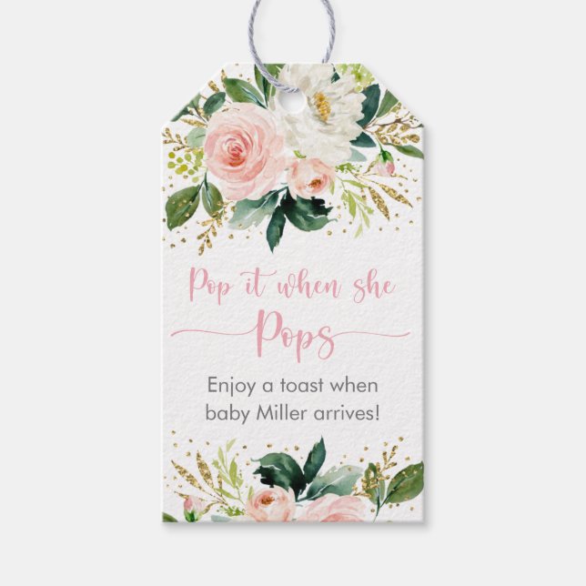 Étiquettes-cadeau Pop It When She Pops Boho Floral Rose Or Douche (Devant)
