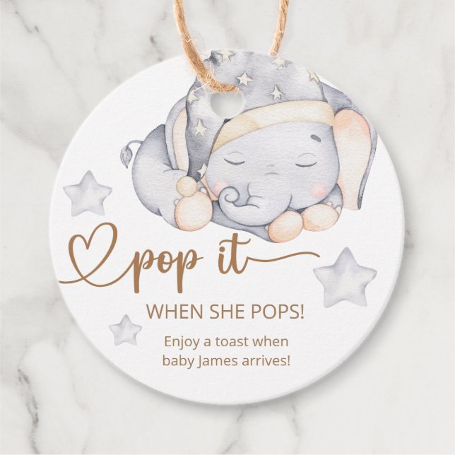 Étiquettes Cadeau Pop It When She Pops Elephant Baby shower (Devant)