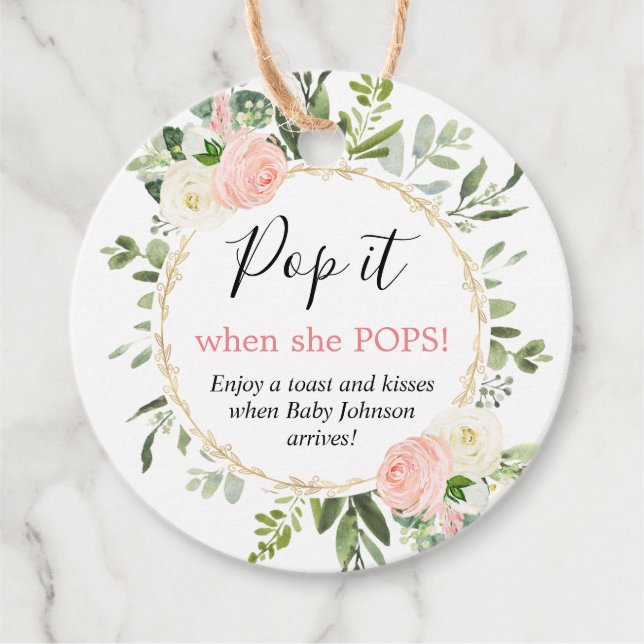 Étiquettes Cadeau Pop it when she pops pink gold greenery baby (Devant)