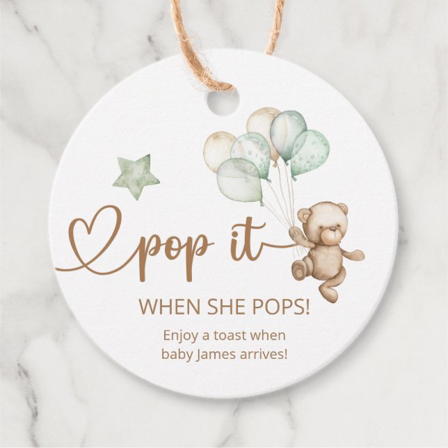 Étiquettes Cadeau Pop It When She Pops Teddy Bear Baby shower Favori (Devant)