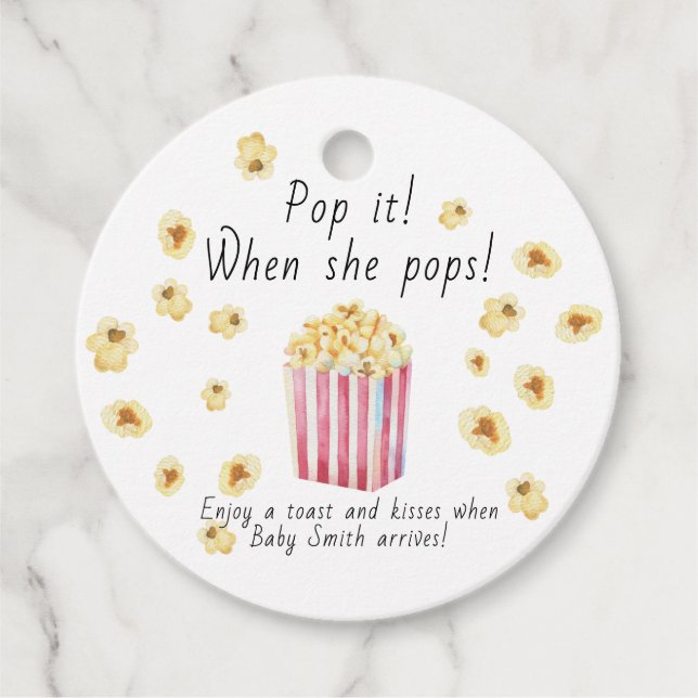 Étiquettes Cadeau Popcorn Baby shower Pop it Quand elle pop (Devant)