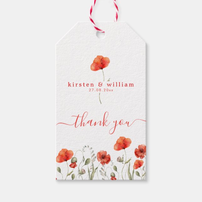Étiquettes-cadeau Poppies d'aquarelle rouge, Merci Mariage (Devant)