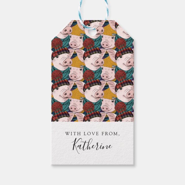 Étiquettes-cadeau Porcs Avec Motif Casquette | Ajouter Votre Nom (Devant)