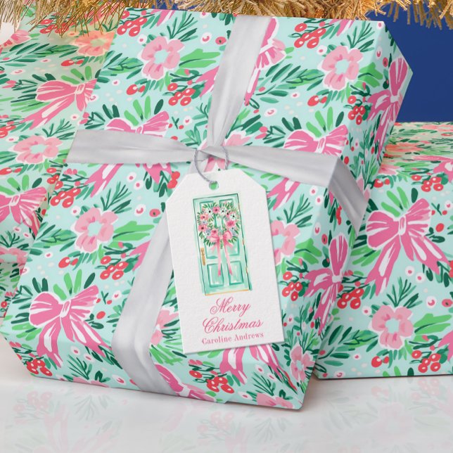 Étiquettes-cadeau Porte en fer rose et vert de Noël Preppy (Créateur téléchargé)