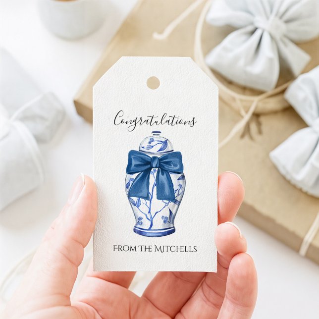 Étiquettes-cadeau Pot à gingembre bleu et blanc avec nœud bleu  (Ginger Jar White Gift Tag)