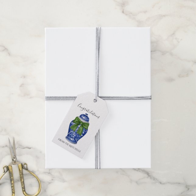 Étiquettes-cadeau Pot à gingembre bleu et blanc avec un nœud vert  (Avec de la ficelle)