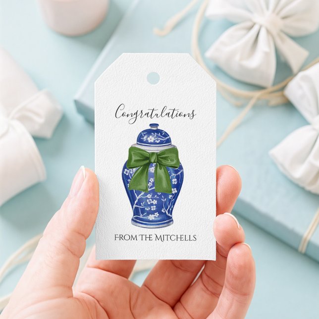 Étiquettes-cadeau Pot à gingembre bleu et blanc avec un nœud vert  (Ginger Jar Blue Gift Tag)