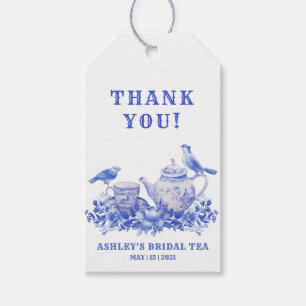 Étiquettes-cadeau Pot à thé floral bleu et blanc avec oiseaux