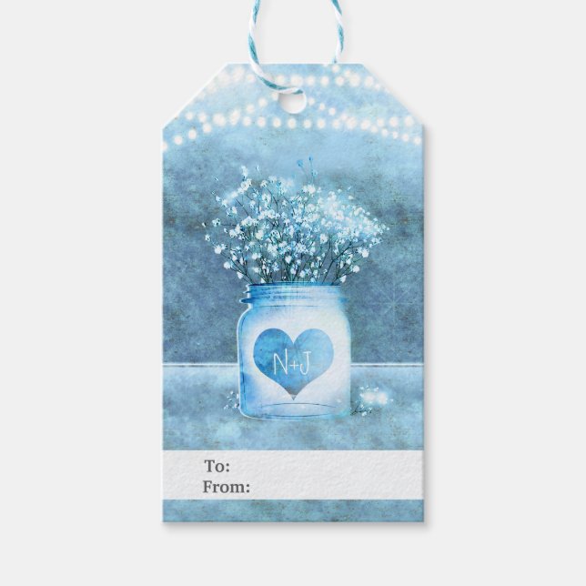 Étiquettes-cadeau Pot Mason Jar Cœur Bleu & Baby's Breath Rustique (Devant)