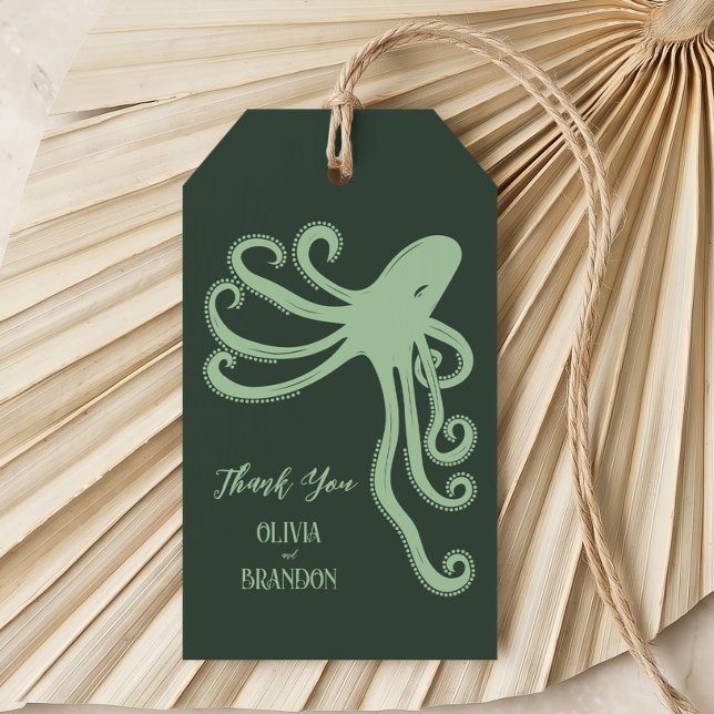 Étiquettes-cadeau Poulpe Mariage Moderne en Profondeur, Vert (Créateur téléchargé)