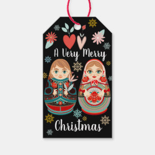 Étiquettes-cadeau Poupées russes Matryoshka Mr & Mrs avec flocons de