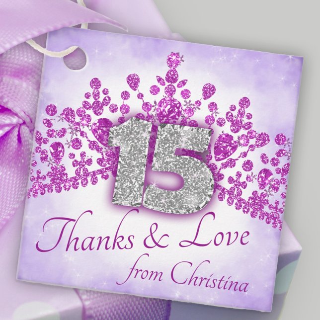 Étiquettes Cadeau Pourpre et rose brillant Tiara Quinceanera (purple pink tiara crown silver number 15 quinceanera gift tags for guests thank you tags labels)