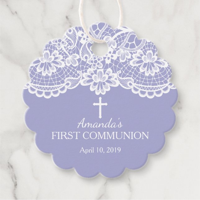Étiquettes Cadeau Pourpre moderne et dentelle première communion sai (Devant)