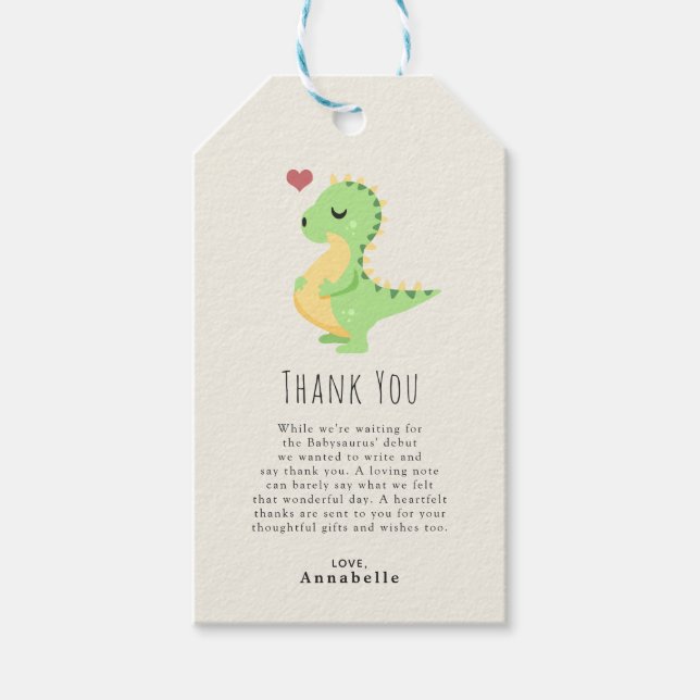 Étiquettes-cadeau Preggosaurus Cute Dinosaur Baby shower Merci (Devant)