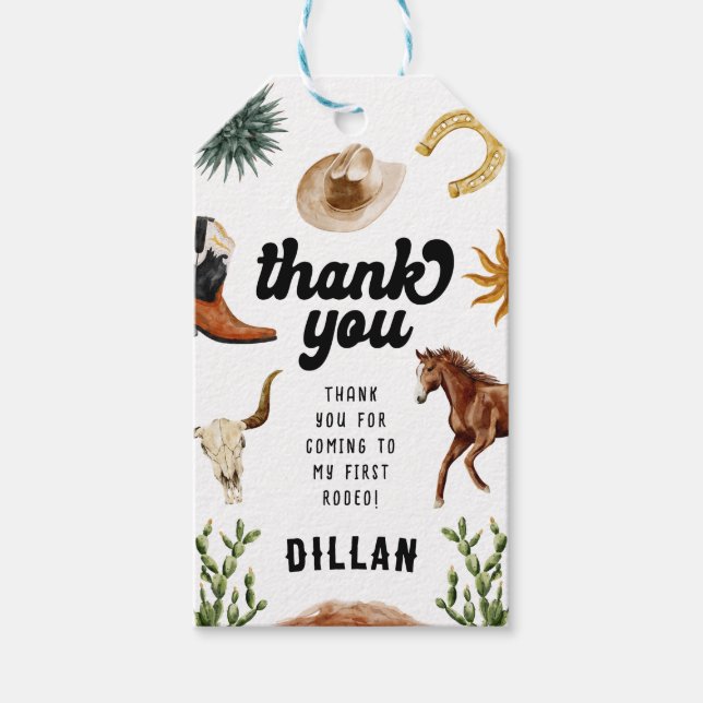 Étiquettes-cadeau Premier anniversaire de Rodeo Cowboy (Devant)