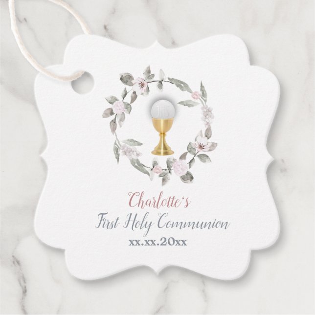 Étiquettes Cadeau Premier communion fille cercle floral (Devant)