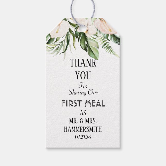 Étiquettes-cadeau Premier repas tropical rose pâle comme M. & Mme (Devant)
