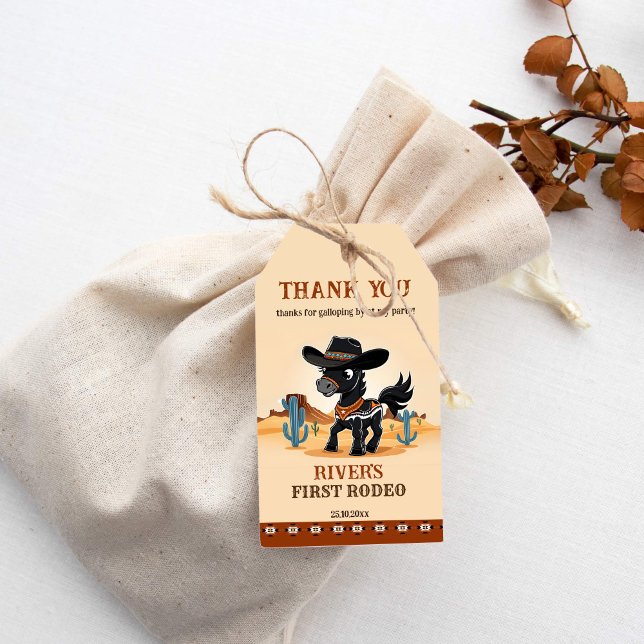 Étiquettes-cadeau Premier Rodeo cowboy bébé cheval fête d'anniversai (First rodeo western birthday party thank you favor gift tags cute cowboy horse favor tags)