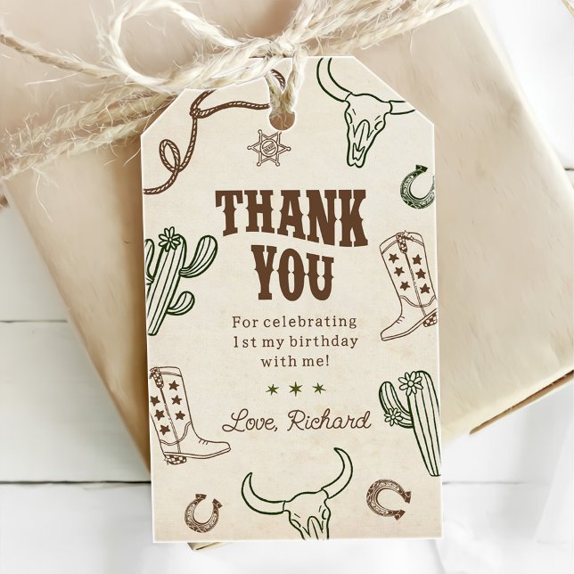 Étiquettes-cadeau Premier Rodeo Western Boy 1er anniversaire (Créateur téléchargé)