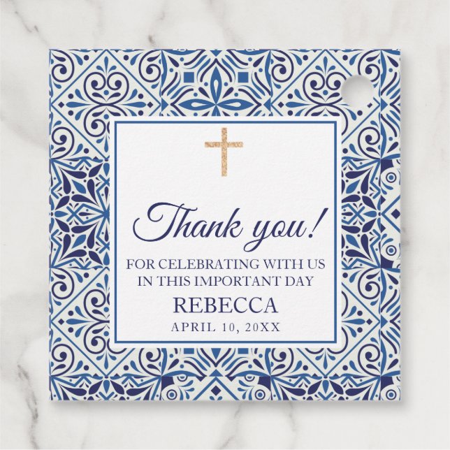 Étiquettes Cadeau Première communion, Baptême Carreaux Bleus (Dos)