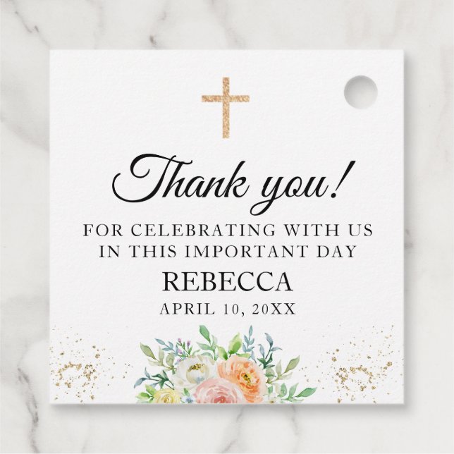 Étiquettes Cadeau Première Communion, Baptême Floral Élégant (Dos)