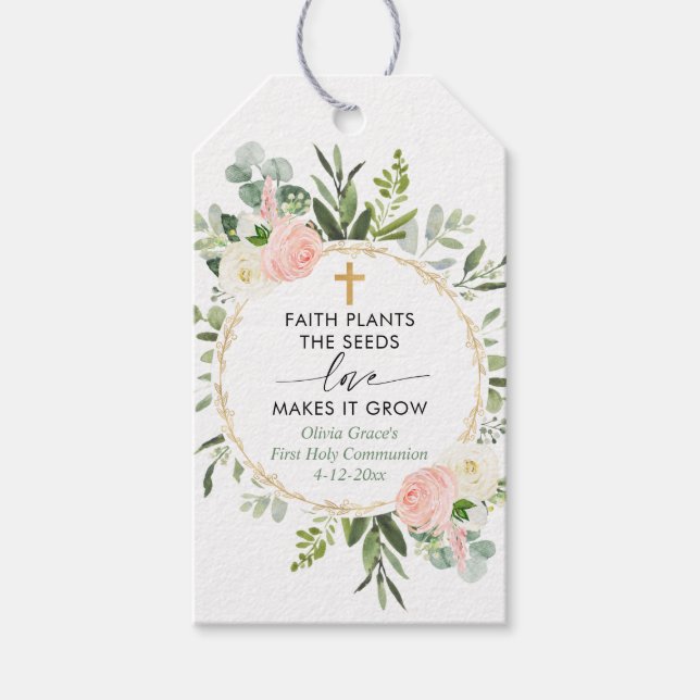 Étiquettes-cadeau Première communion baptême rose verdure favoriser  (Devant)