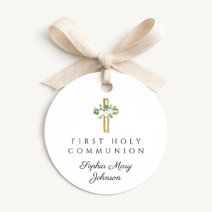 Étiquettes Cadeau Première communion élégante croix florale fille