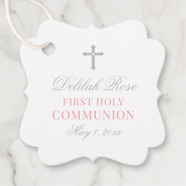 Étiquettes Cadeau Première communion élégante rose et gris pour fill (Devant)