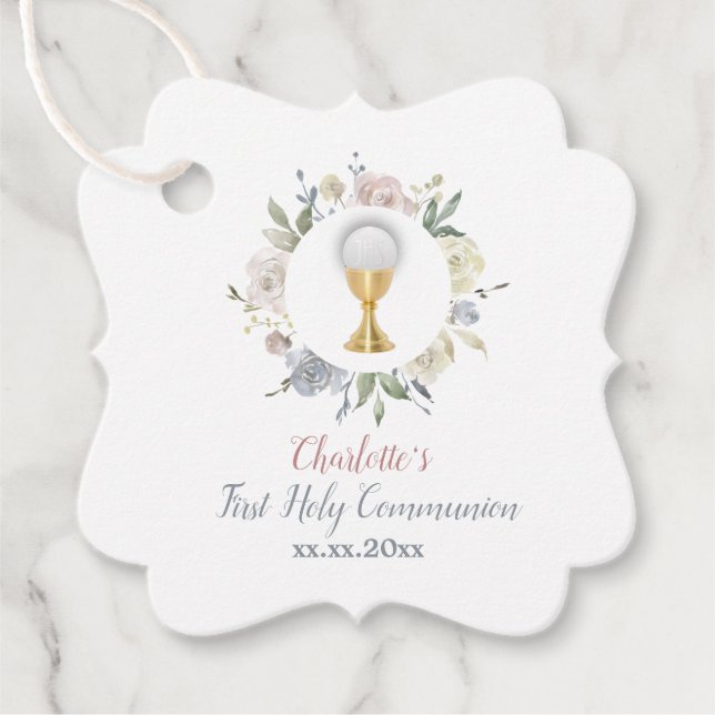 Étiquettes Cadeau Première communion fille cercle fleurs pâles (Devant)
