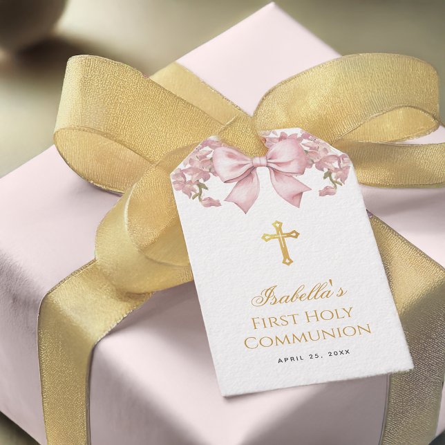 Étiquettes-cadeau Première communion fille Rose floral et croix doré (Créateur téléchargé)