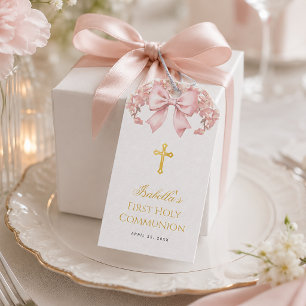 Étiquettes-cadeau Première communion fille Rose floral et croix doré