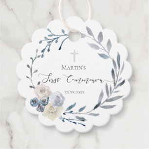 Étiquettes Cadeau Première Communion fleurie bleu poussiéreux couron