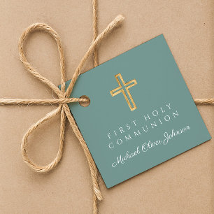 Étiquettes Cadeau Première communion garçon croix verte élégante